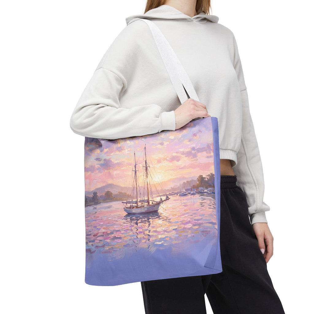 Pastel Sailboat Tote Bag – Impressionist Sunset Harbor Beach Bag