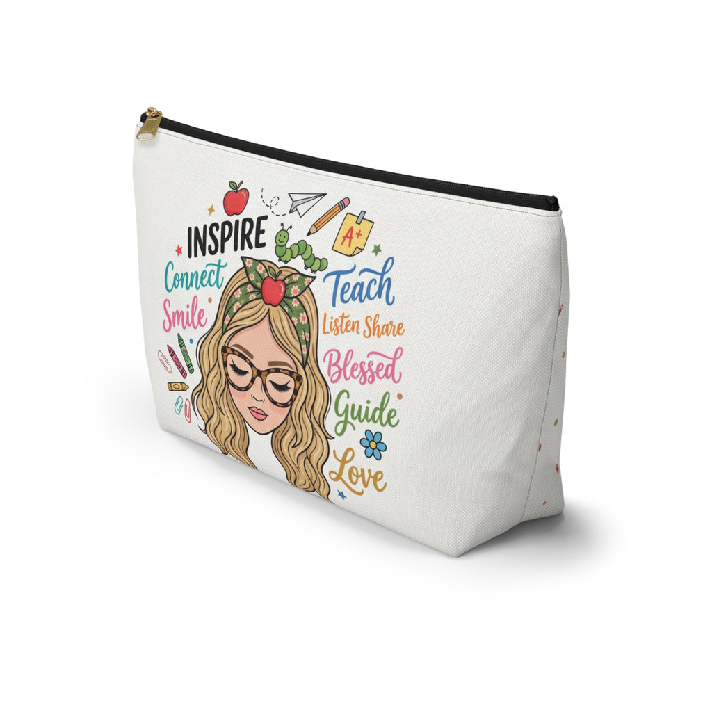 Inspire Teach Blonde Illustrated Teacher Pouch — T-Bottom Zipper Bag