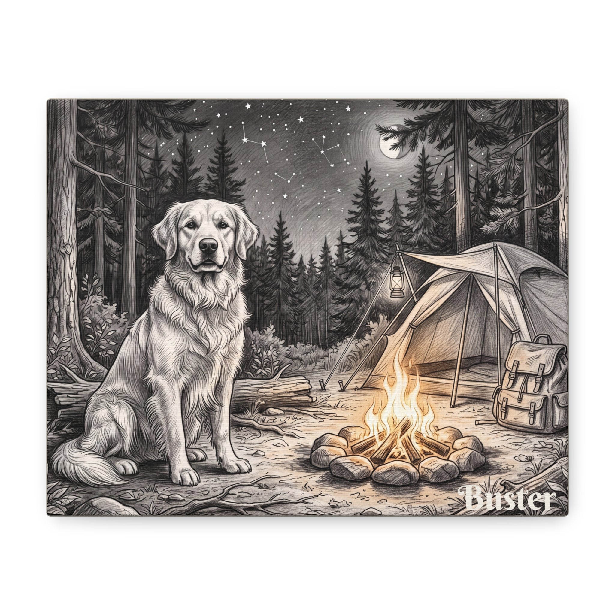 Golden Retriever Campfire Sketch Personalized Canvas | Night Camping Wall Art
