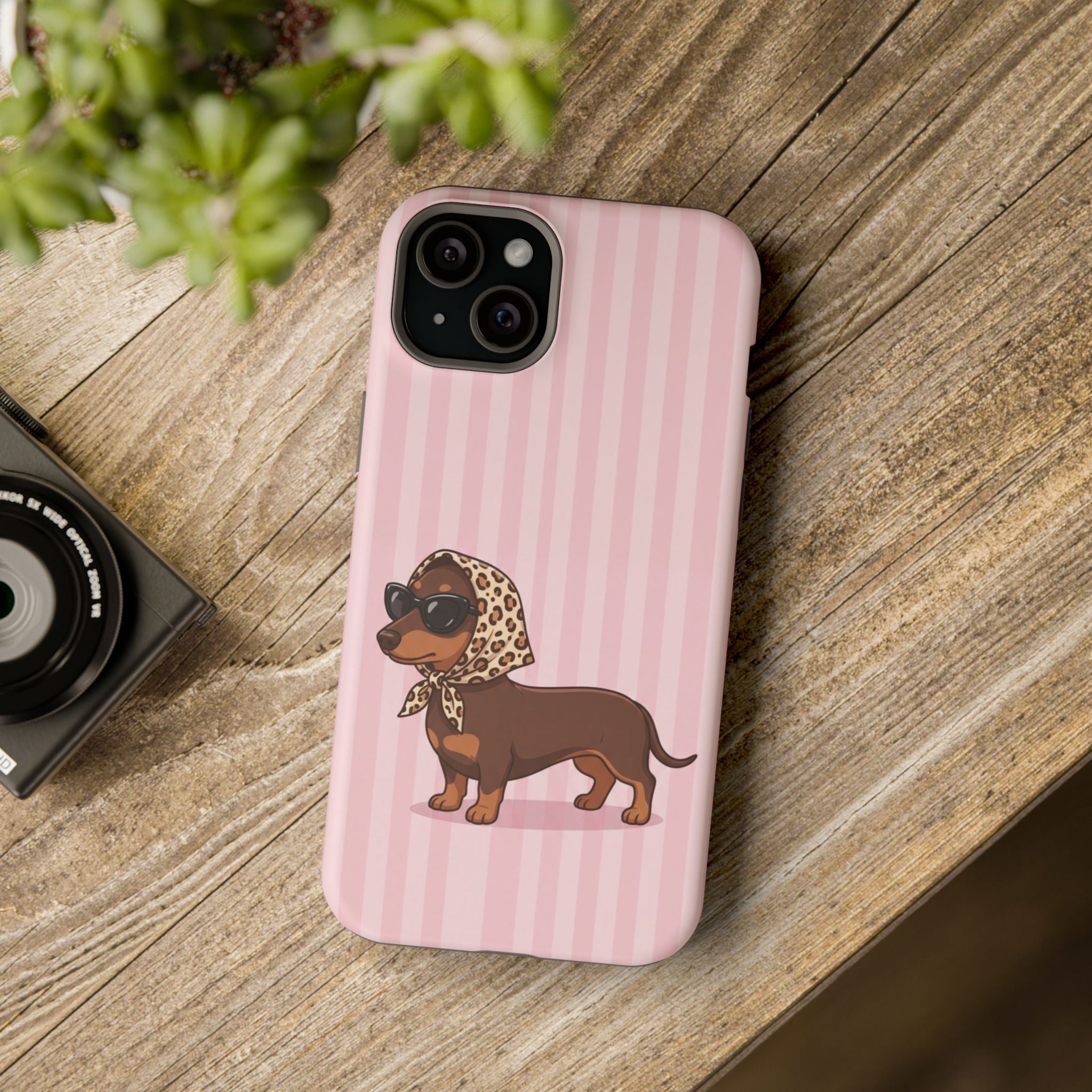 Glam Dachshund Phone Case | Cute Sausage Dog in Leopard Scarf & Sunglasses | Pink Stripe Case for iPhone & Samsung