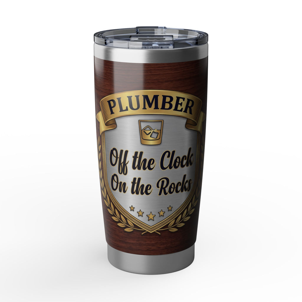 Off Duty Plumber Tumbler – "Off The Clock, On The Rocks" Wood Grain Crest 20 oz