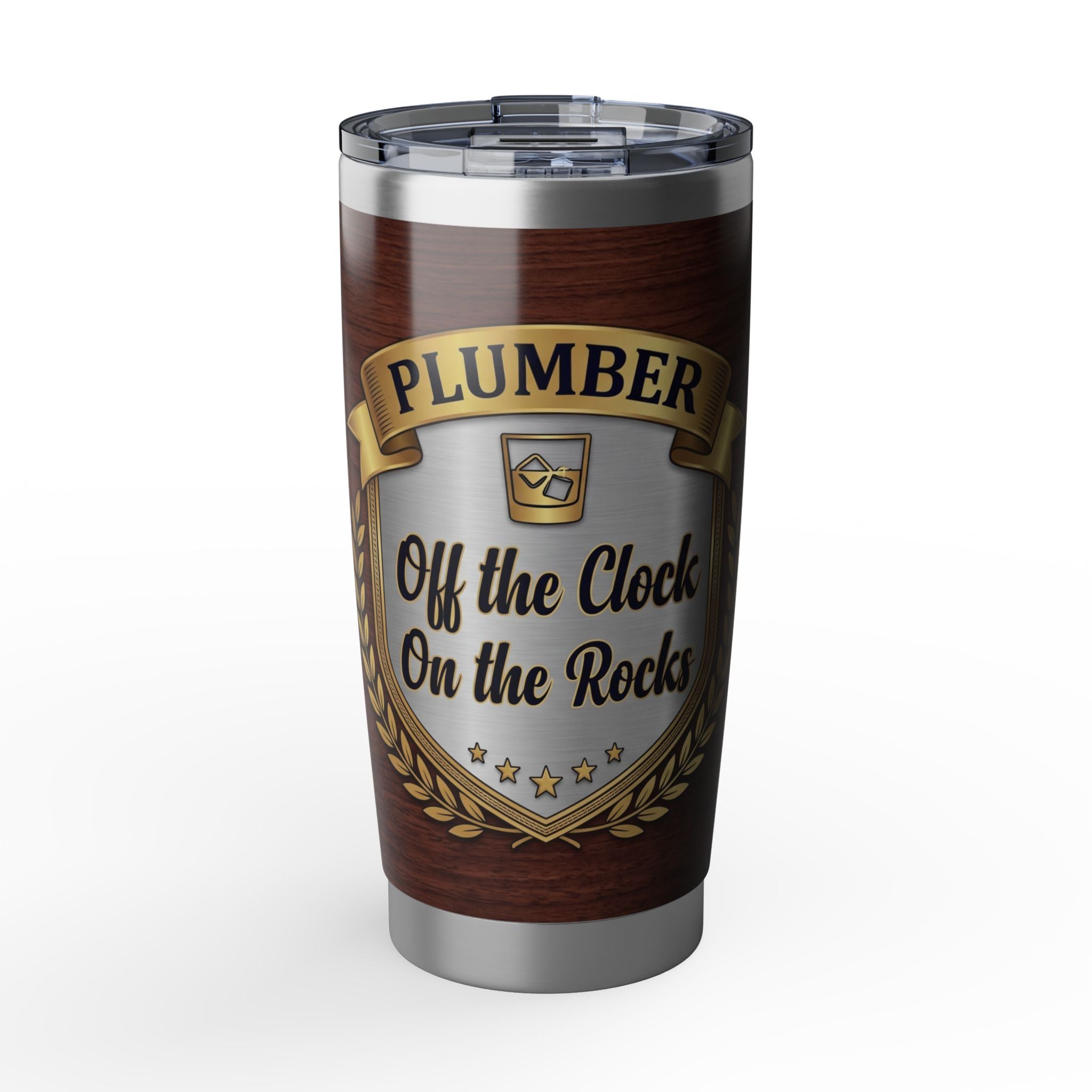 Off Duty Plumber Tumbler – "Off The Clock, On The Rocks" Wood Grain Crest 20 oz