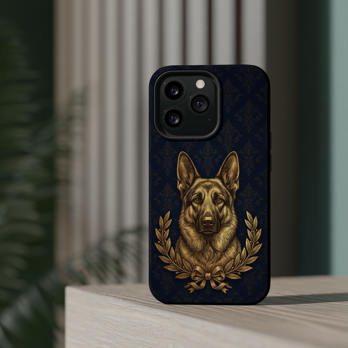 German Shepherd Phone Case | Navy Gold Laurel Art — Tough Magnetic Case with Wireless Charging