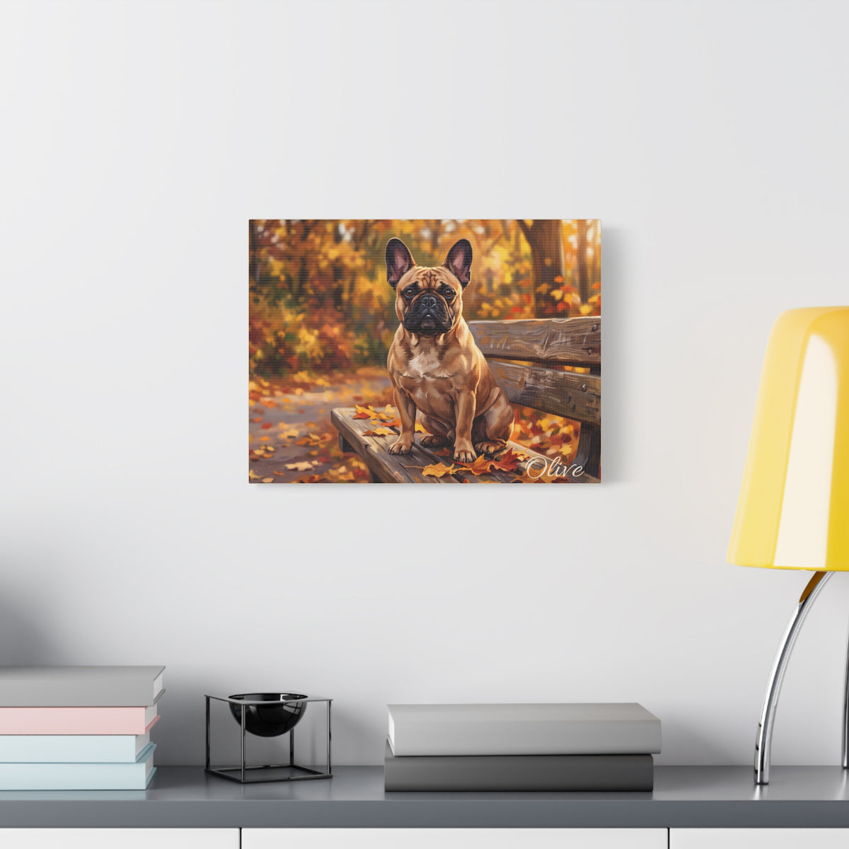 French Bulldog Personalized Canvas | Autumn Park Bench Fall Wall Art