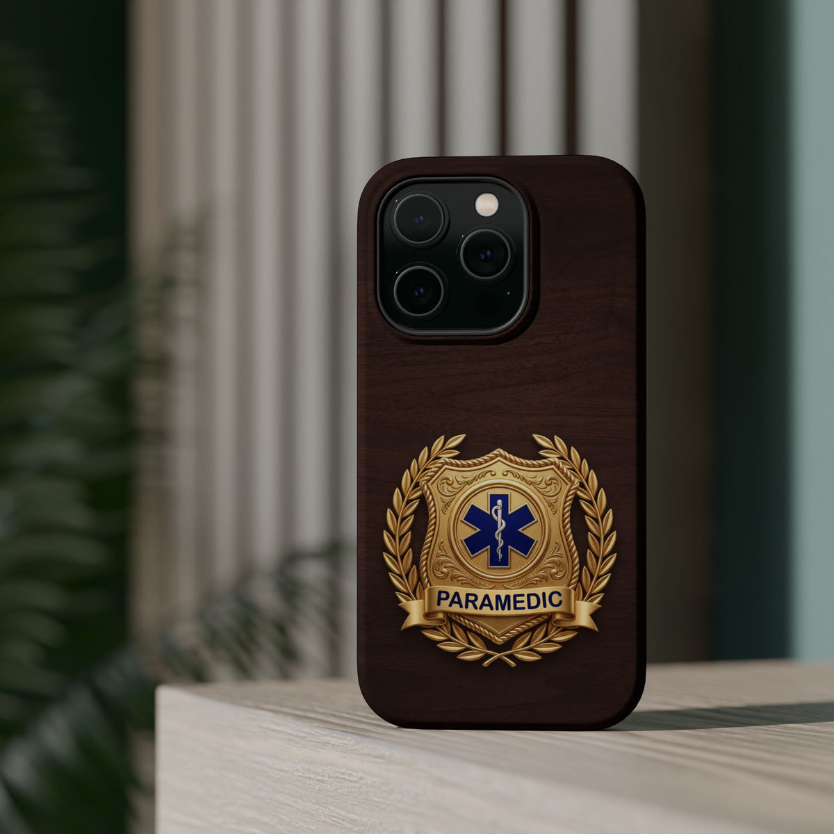 Gold Paramedic Laurel Badge Wood Phone Case — Magnetic Wireless Charging Cover
