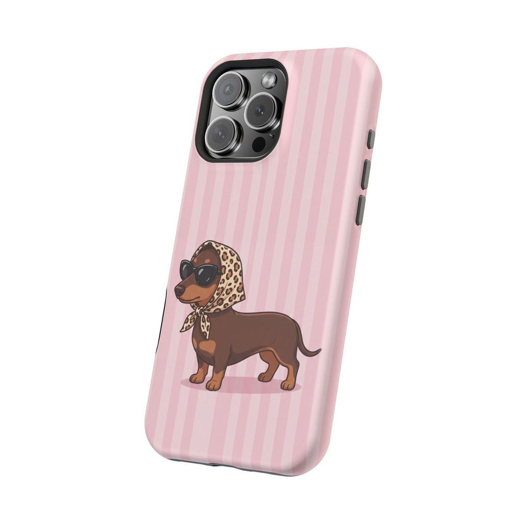 Glam Dachshund Phone Case | Cute Sausage Dog in Leopard Scarf & Sunglasses | Pink Stripe Case for iPhone & Samsung