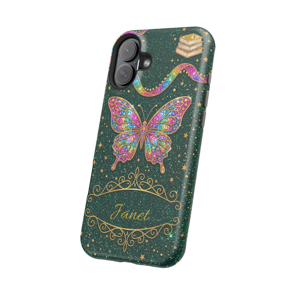 Rainbow Glitter Butterfly Personalized Teacher Phone Case — Wireless Charging Cover