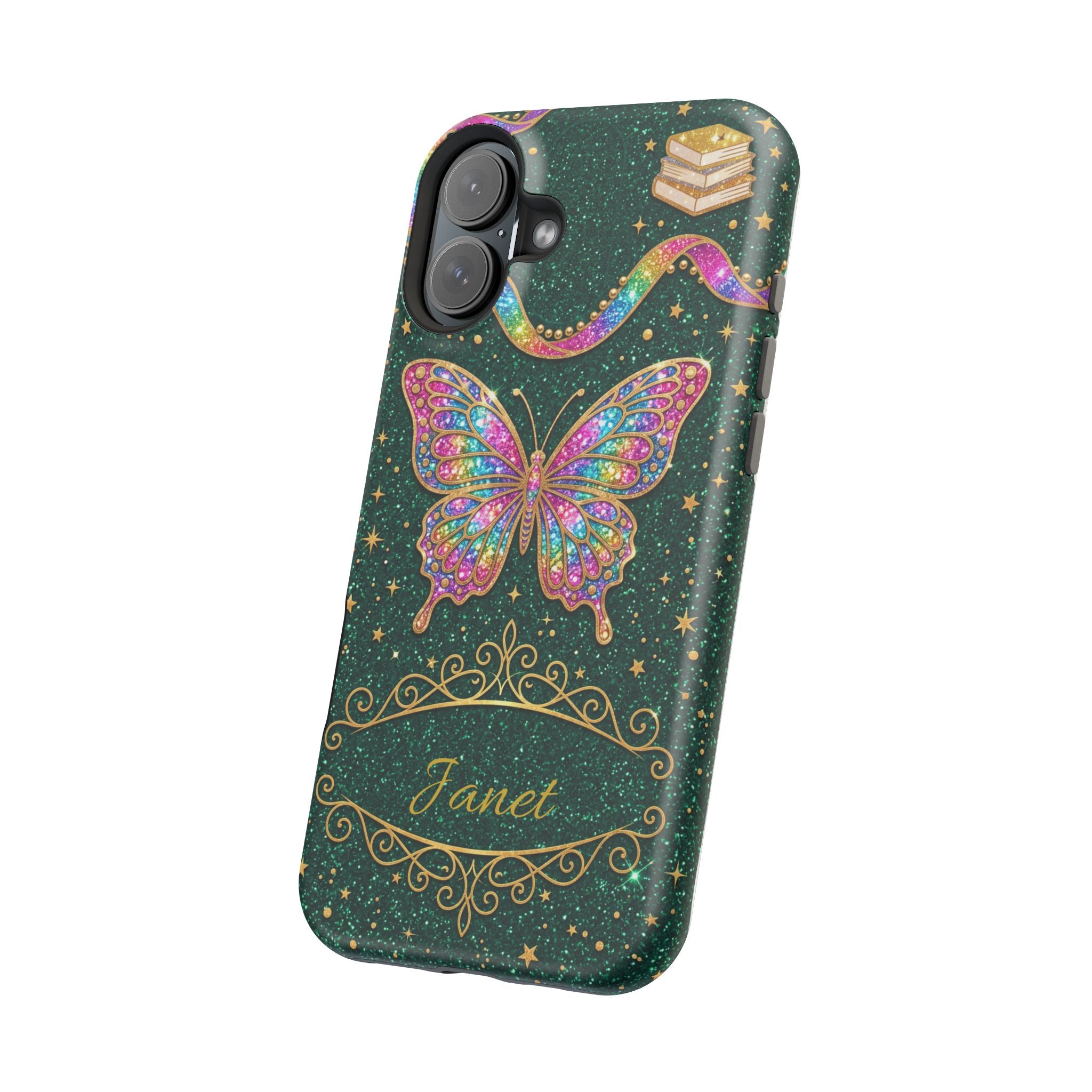 Rainbow Glitter Butterfly Personalized Teacher Phone Case — Wireless Charging Cover