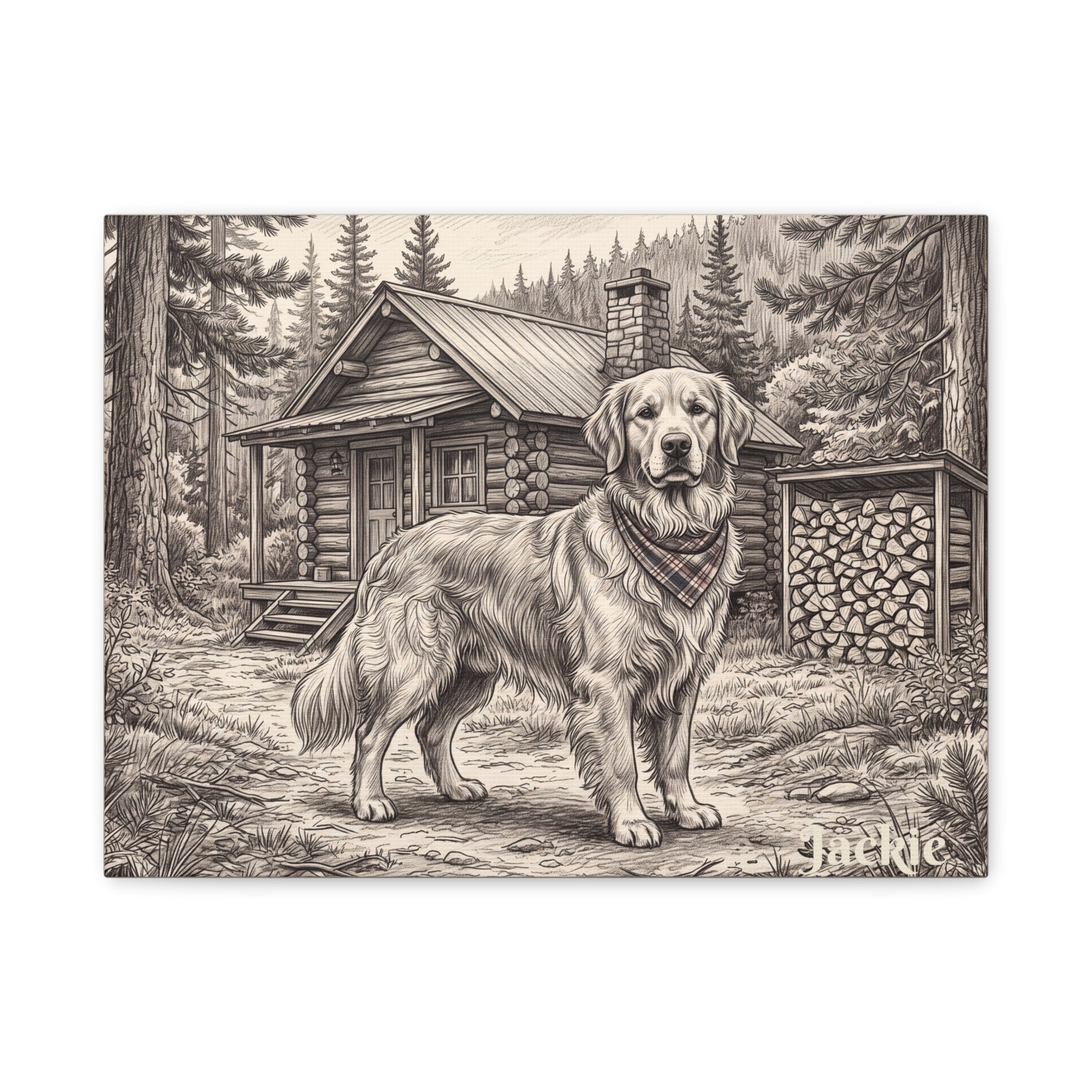 Golden Retriever Cabin Sketch Personalized Canvas | Rustic Woodland Wall Art