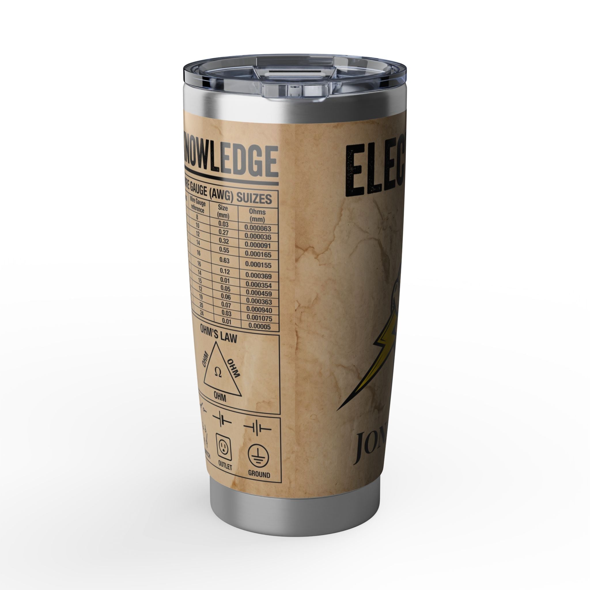 Personalized Electrician Knowledge Tumbler – Custom Name Kraft Paper Design 20 oz