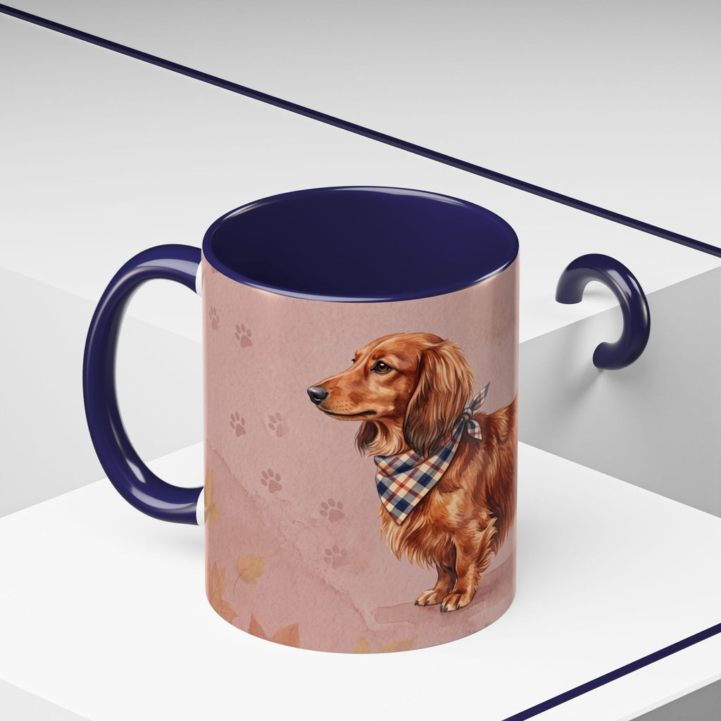 Dachshund Lover Mug | Long-Haired Wiener Dog with Plaid Bandana, Dusty Rose Watercolor Dog Gift