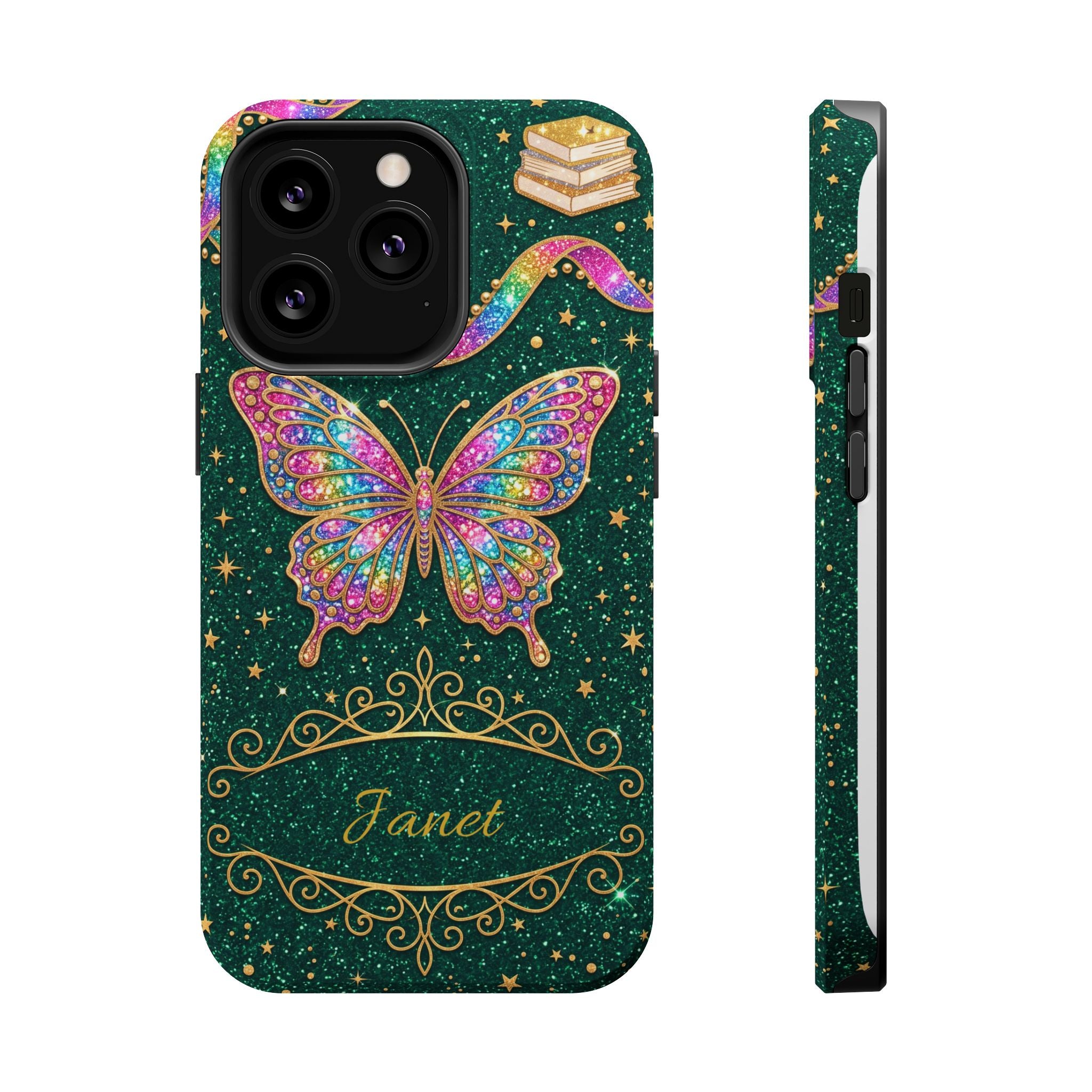 Rainbow Glitter Butterfly Personalized Teacher Phone Case — Wireless Charging Cover