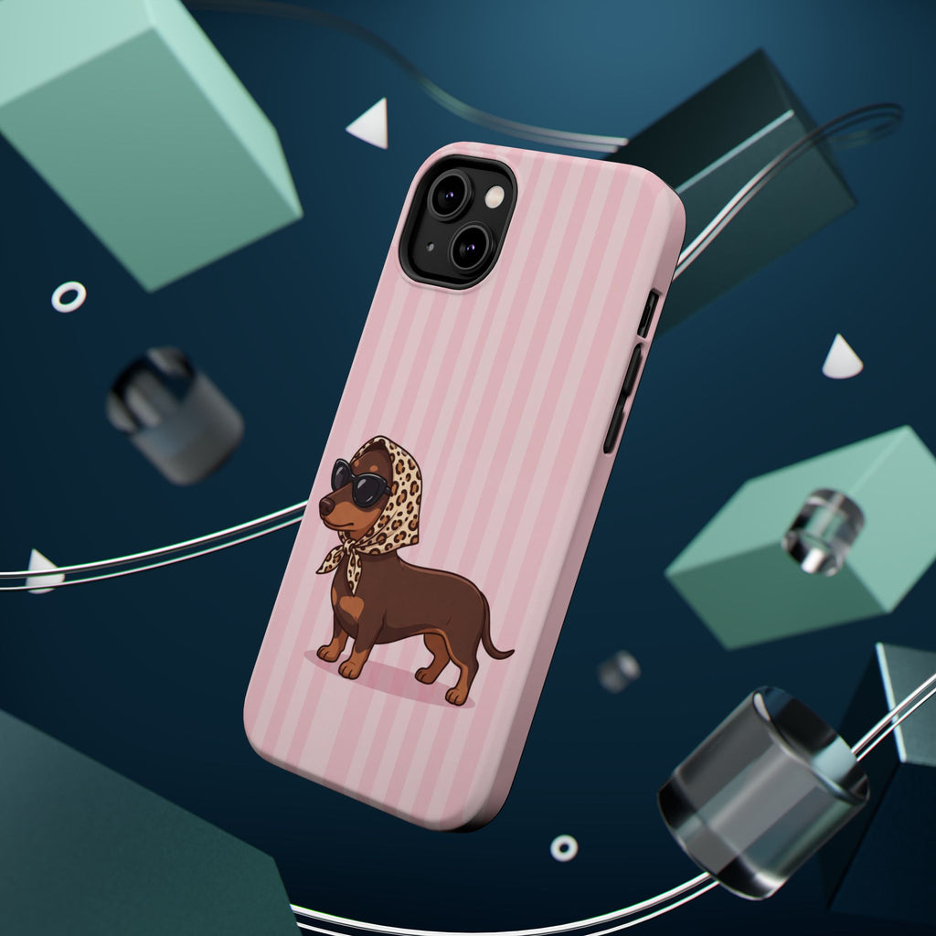 Glam Dachshund Phone Case | Cute Sausage Dog in Leopard Scarf & Sunglasses | Pink Stripe Case for iPhone & Samsung
