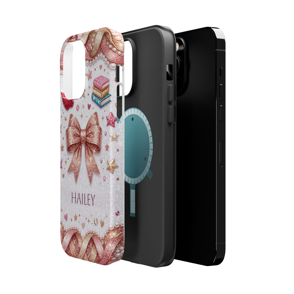 Rose Gold Glitter Bow Personalized Teacher Phone Case — Wireless Charging Cover