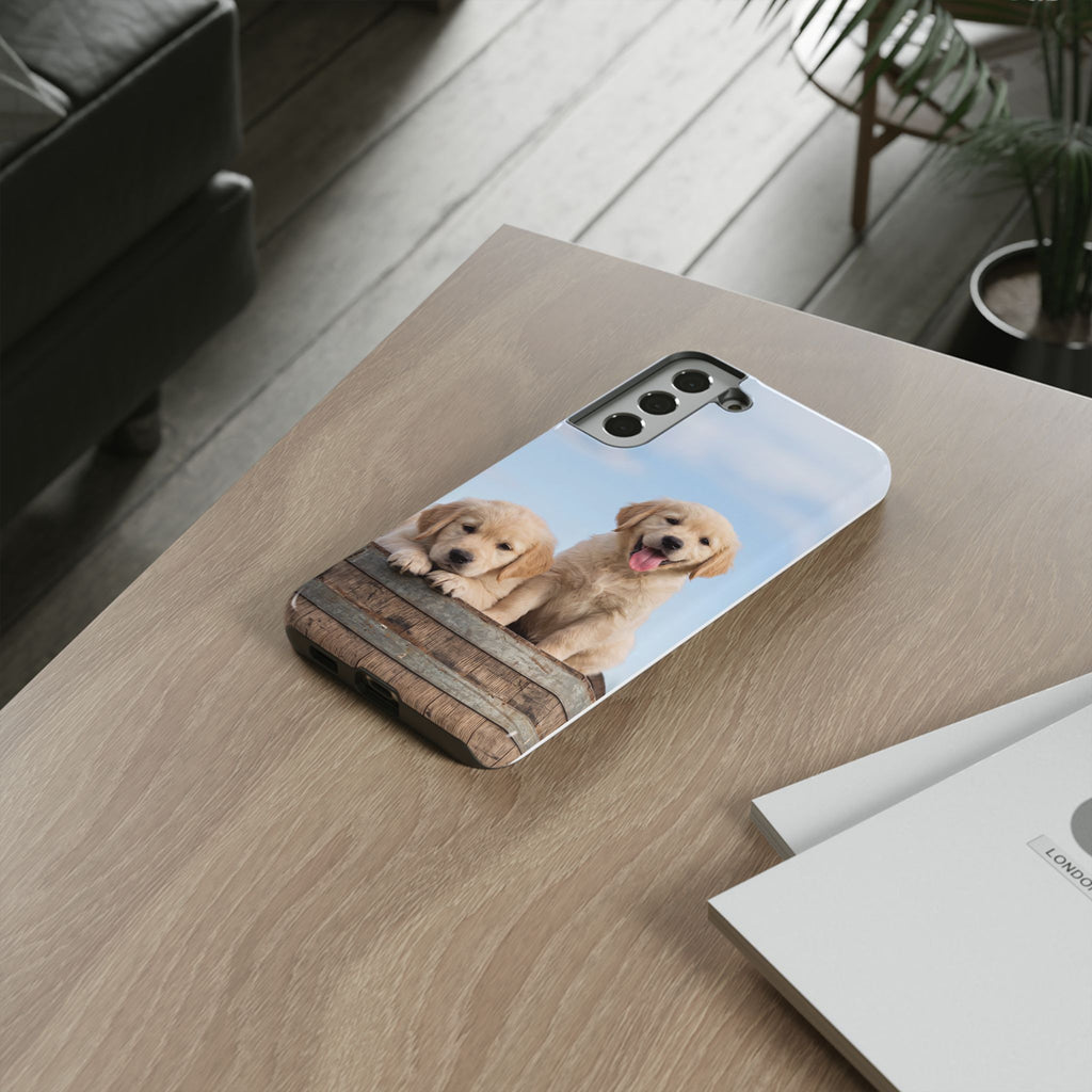 Golden Retriever Puppies on Barrel Phone Case | Cute Duo Under Blue Sky | iPhone & Samsung