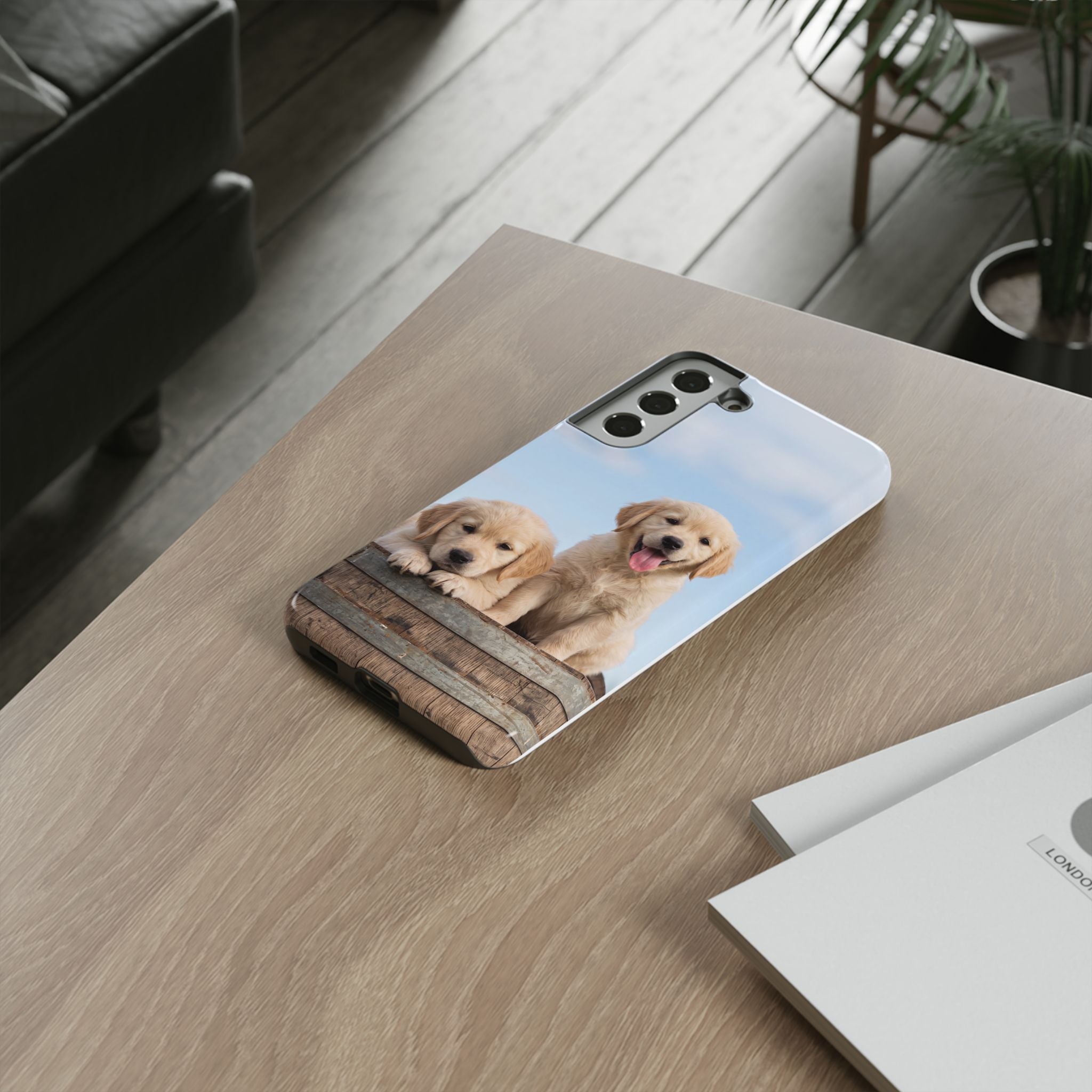 Golden Retriever Puppies on Barrel Phone Case | Cute Duo Under Blue Sky | iPhone & Samsung