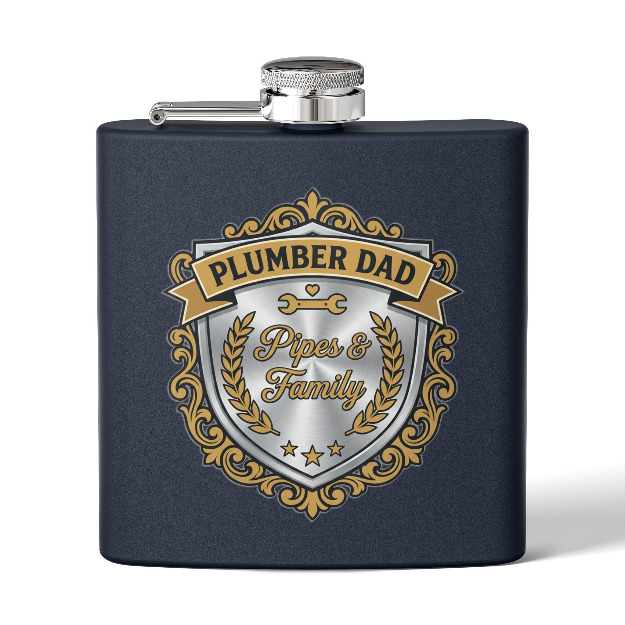 Flask — "Plumber Dad: Pipes & Family" 6oz Stainless Steel Hip Flask