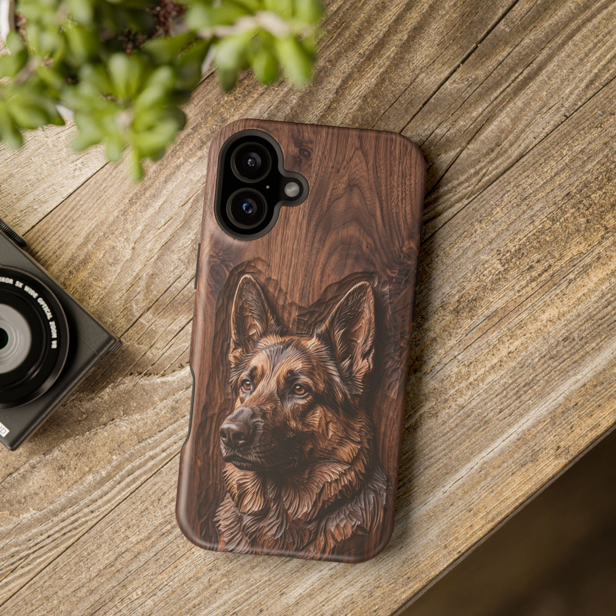 German Shepherd Phone Case | Carved Walnut Art — Tough Magnetic Case with Wireless Charging