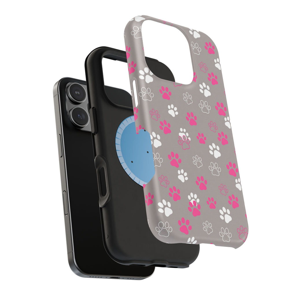 Pink & White Paw Print Phone Case — Impact-Resistant Wireless Charging Cover