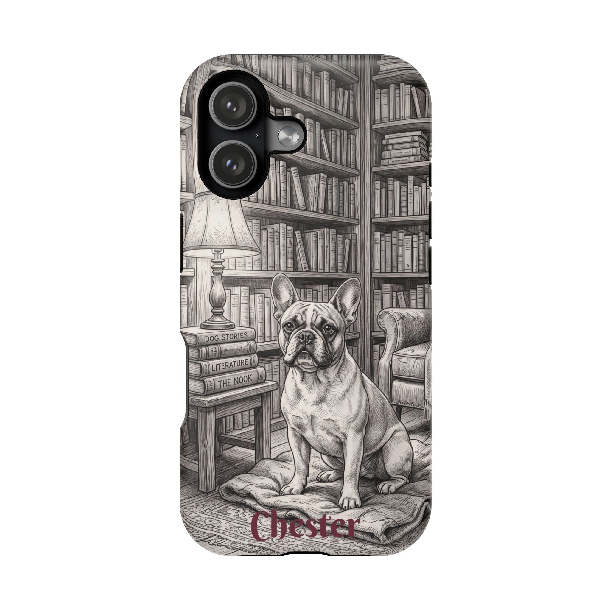 Personalized French Bulldog Library Study Phone Case — Wireless Charging Cover