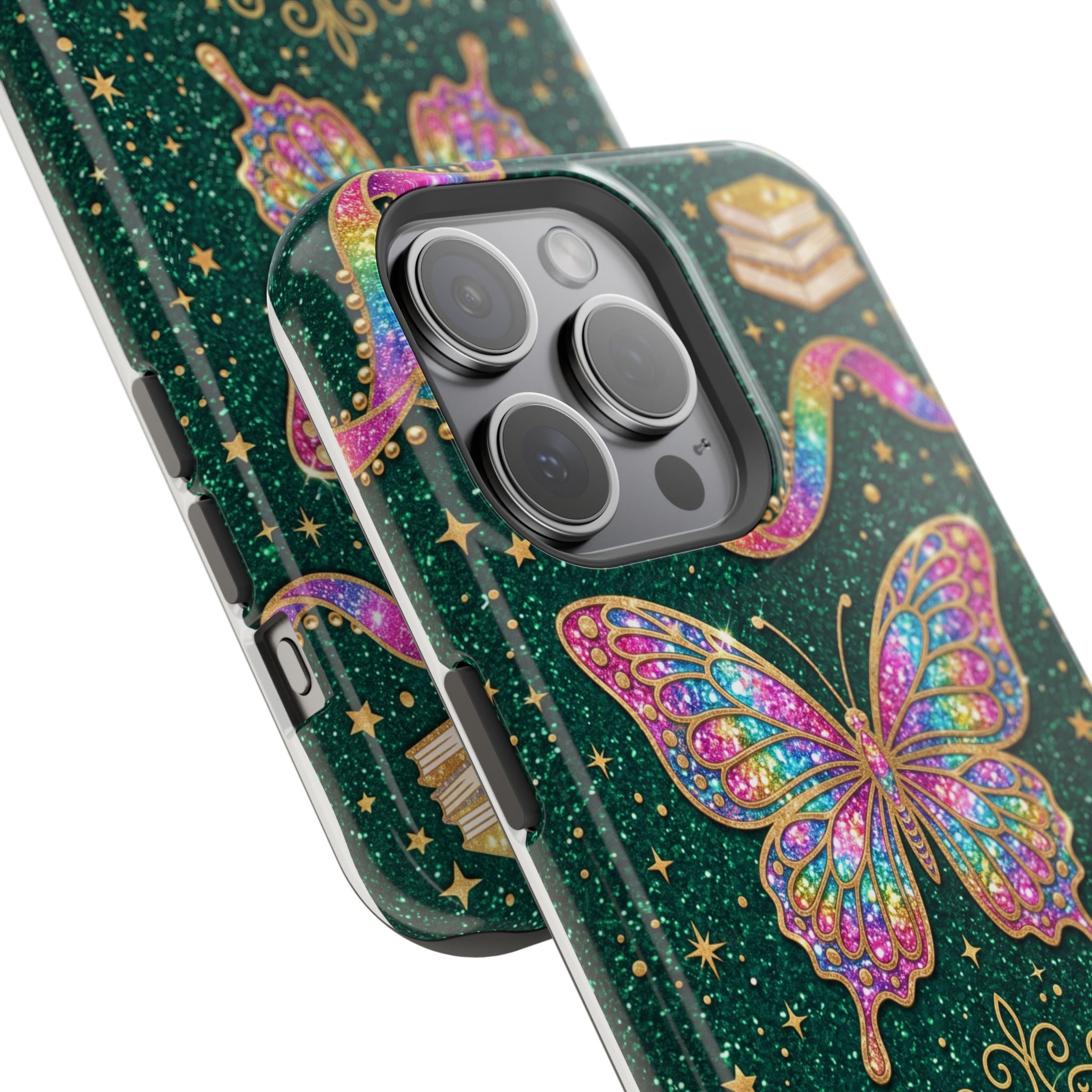Rainbow Glitter Butterfly Personalized Teacher Phone Case — Wireless Charging Cover
