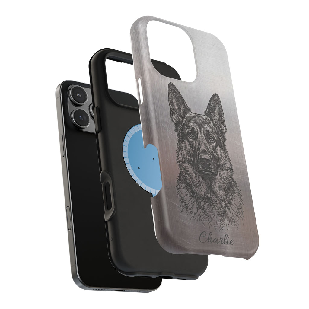 German Shepherd Phone Case | Personalized Etched Silver Art — Tough Magnetic Case with Wireless Charging