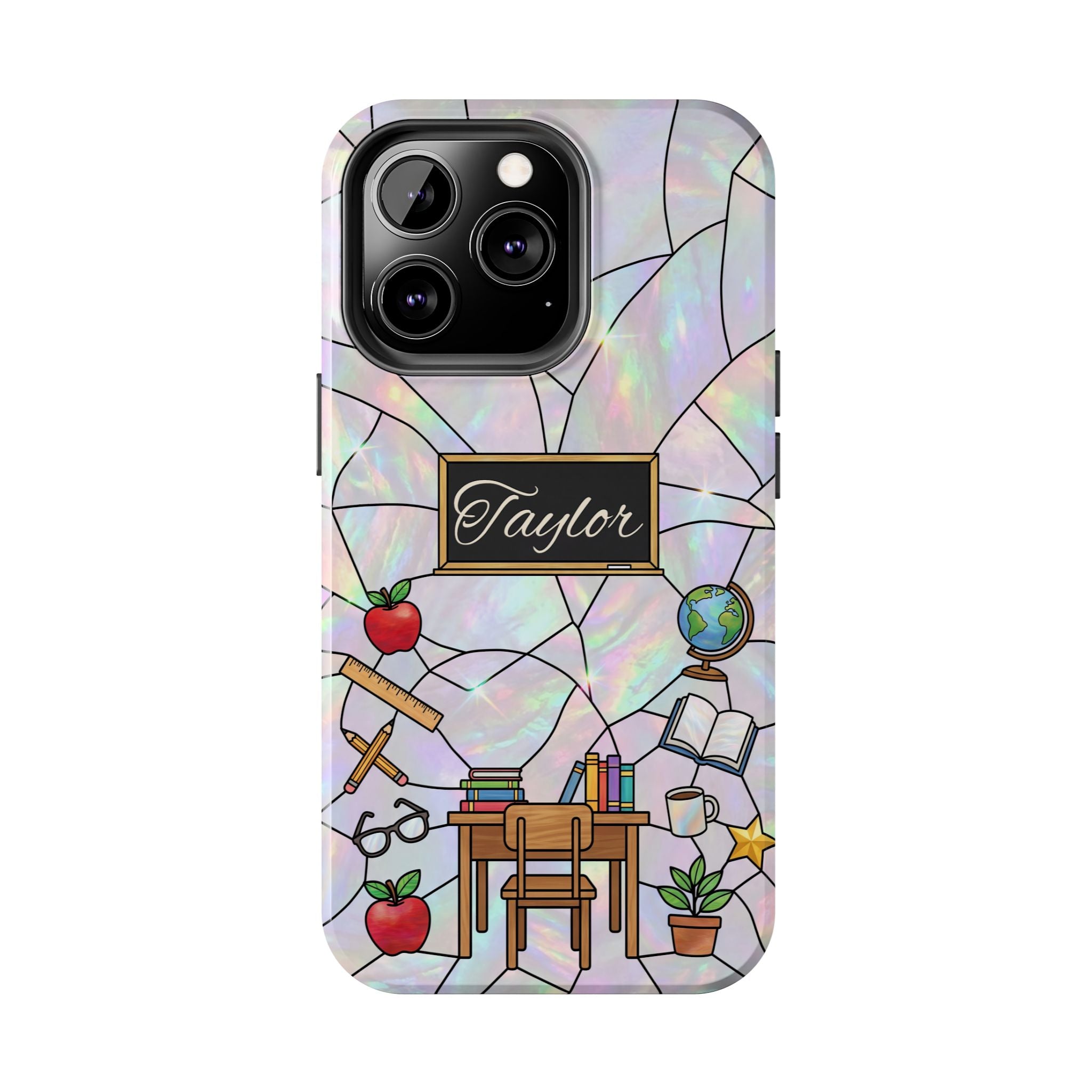Personalized Teacher Phone Case — Custom Name Stained Glass Classroom Design