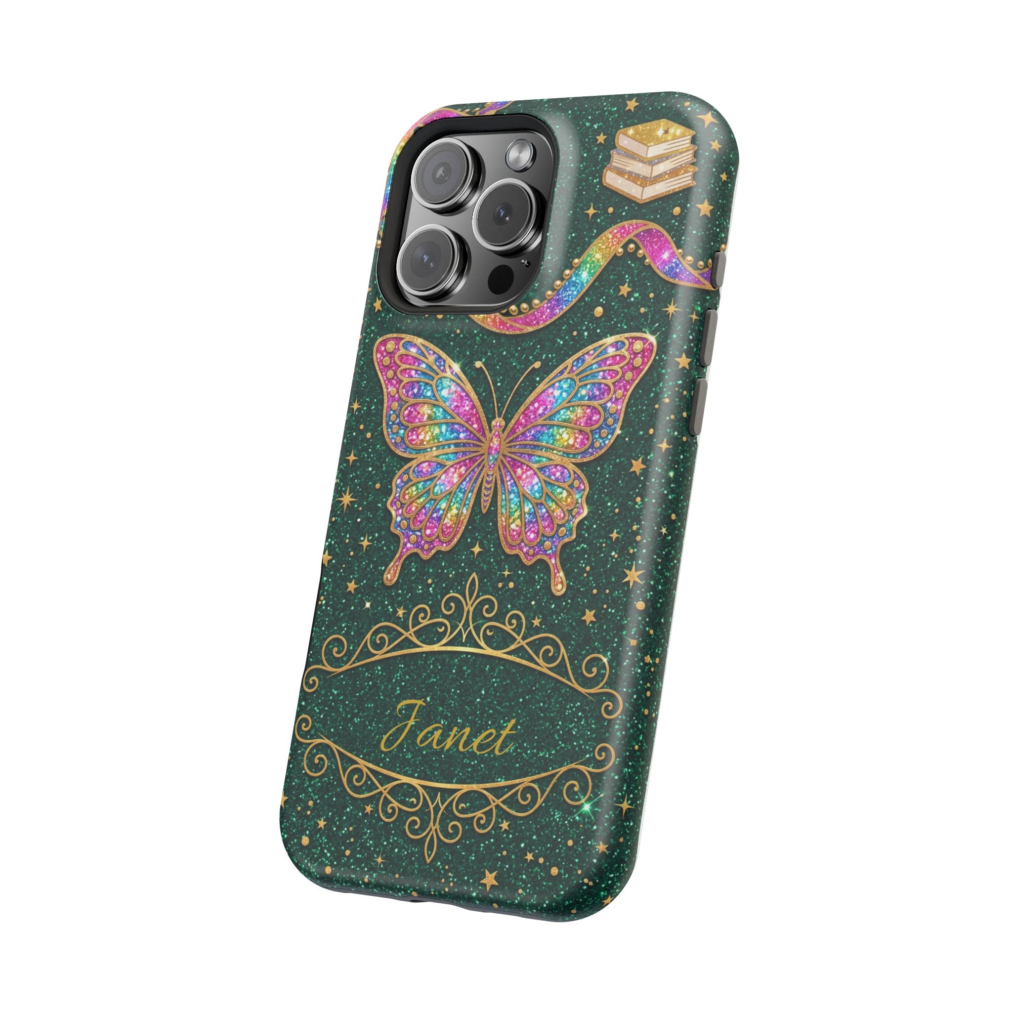 Rainbow Glitter Butterfly Personalized Teacher Phone Case — Wireless Charging Cover