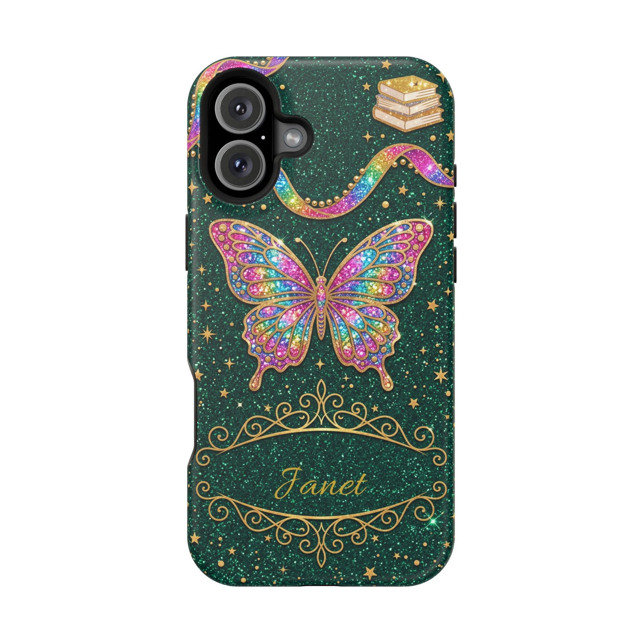 Rainbow Glitter Butterfly Personalized Teacher Phone Case — Wireless Charging Cover