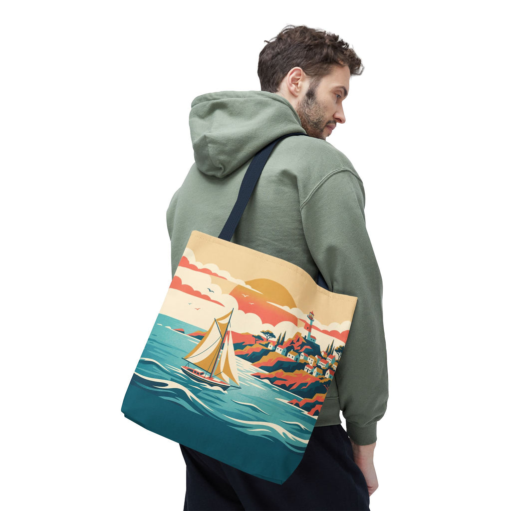 Coastal Lighthouse Sailboat Tote Bag – Retro Seaside Sunset Beach Bag