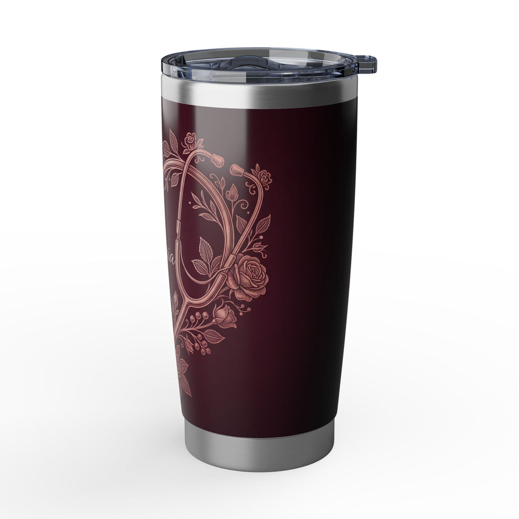 Personalized Stethoscope Heart Tumbler – Rose Gold Floral Burgundy Design 20 oz