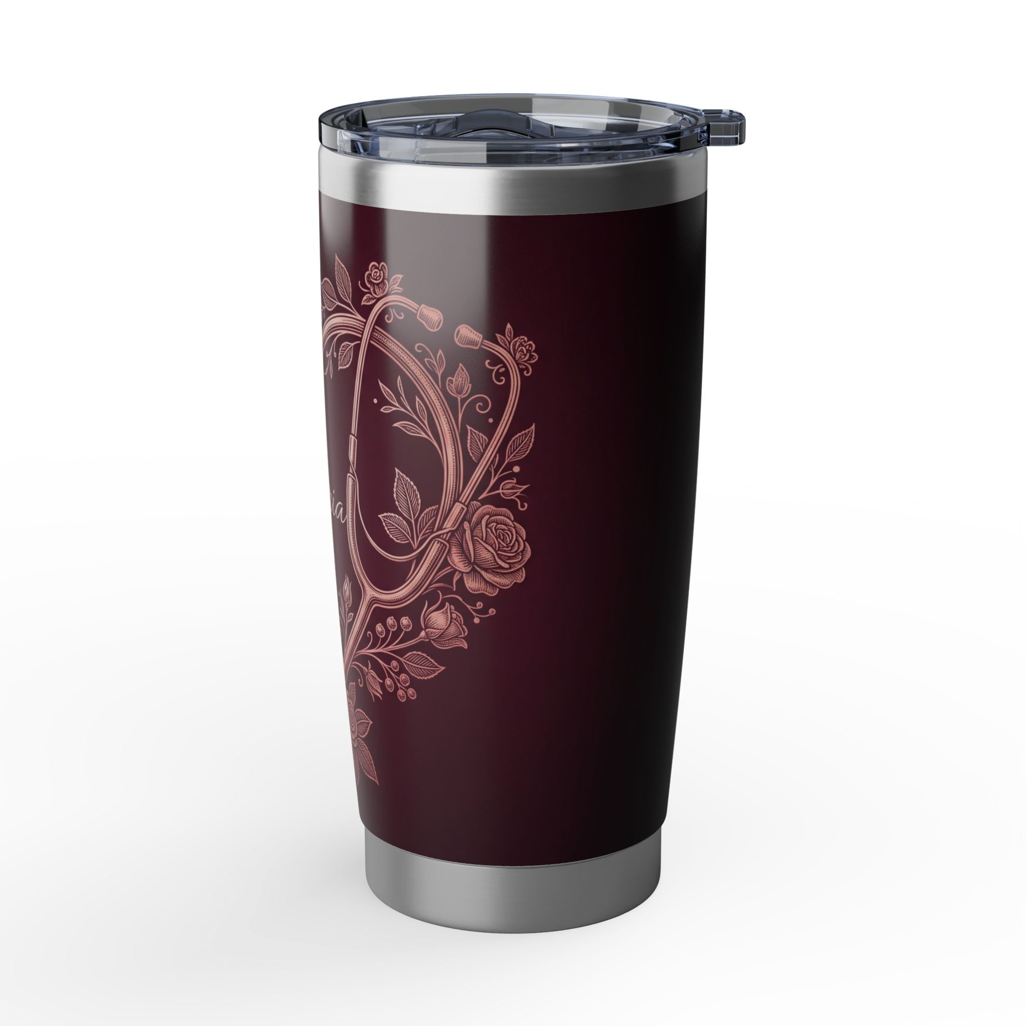 Personalized Stethoscope Heart Tumbler – Rose Gold Floral Burgundy Design 20 oz