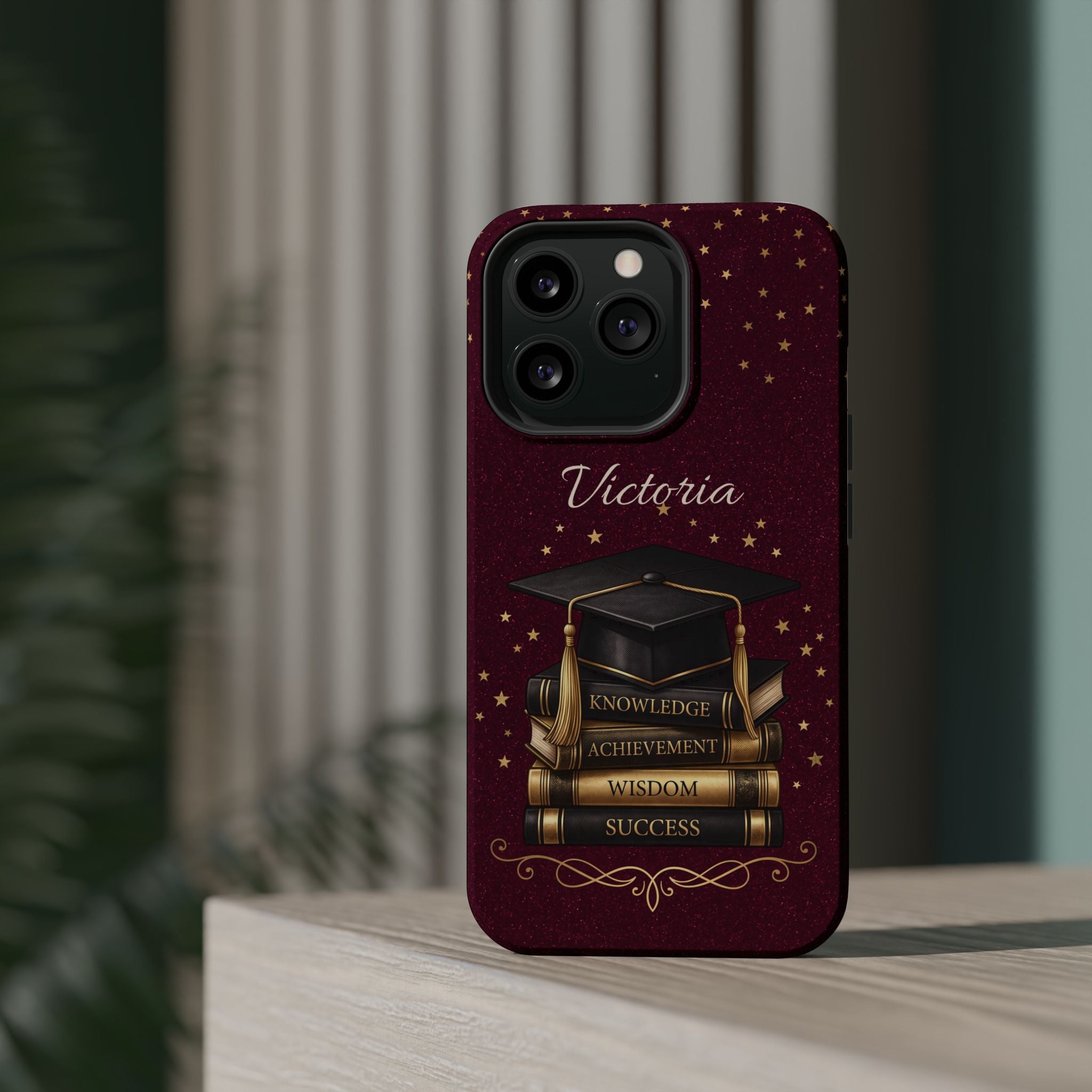 Graduation Cap & Books Personalized Teacher Phone Case — Wireless Charging Cover
