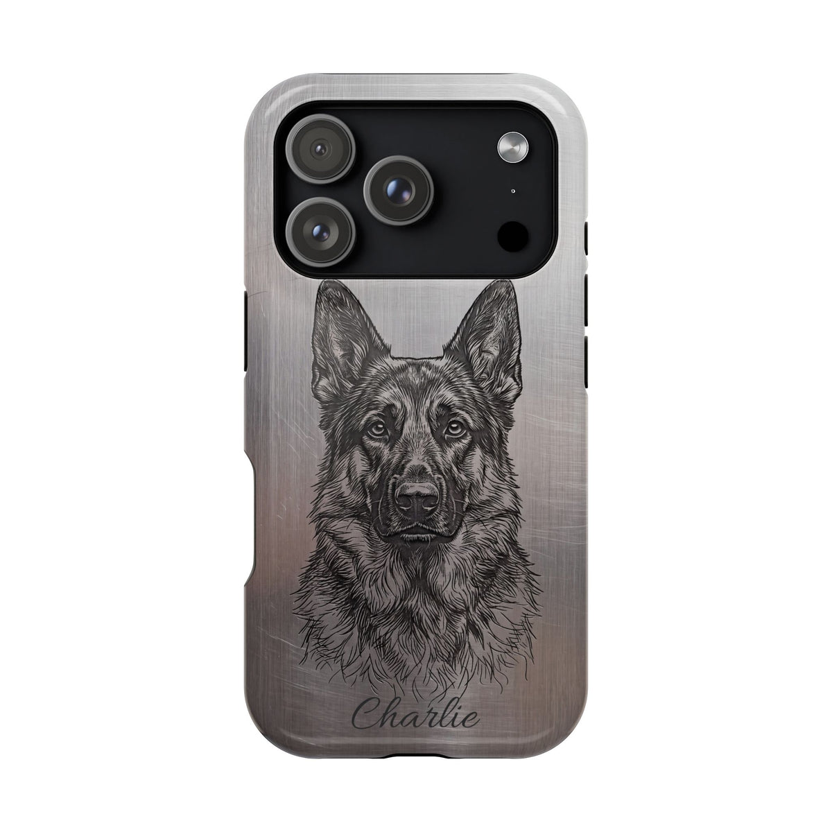German Shepherd Phone Case | Personalized Etched Silver Art — Tough Magnetic Case with Wireless Charging