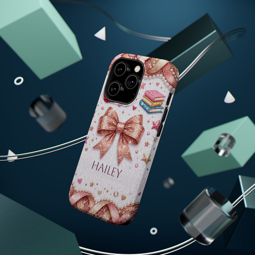 Rose Gold Glitter Bow Personalized Teacher Phone Case — Wireless Charging Cover