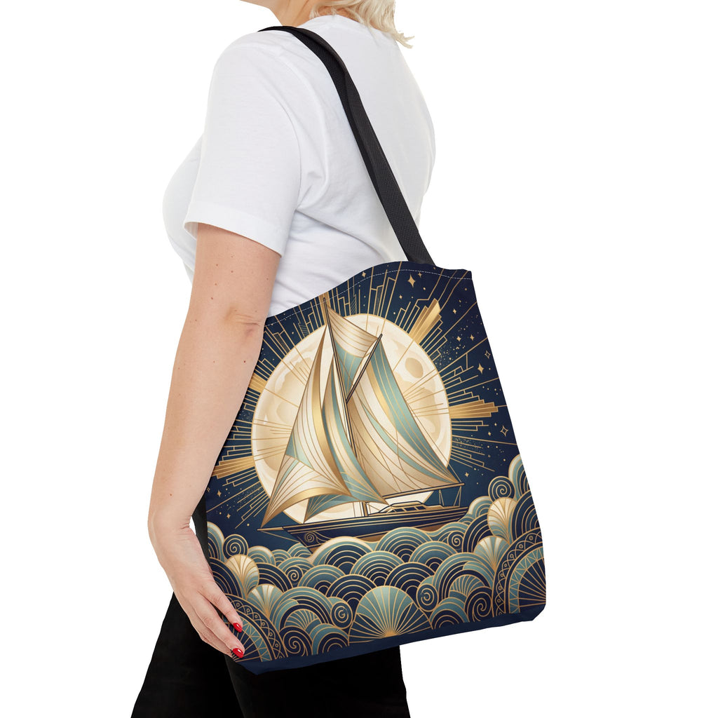 Art Deco Moonlit Sailboat Tote Bag – Starry Night Nautical Beach Bag