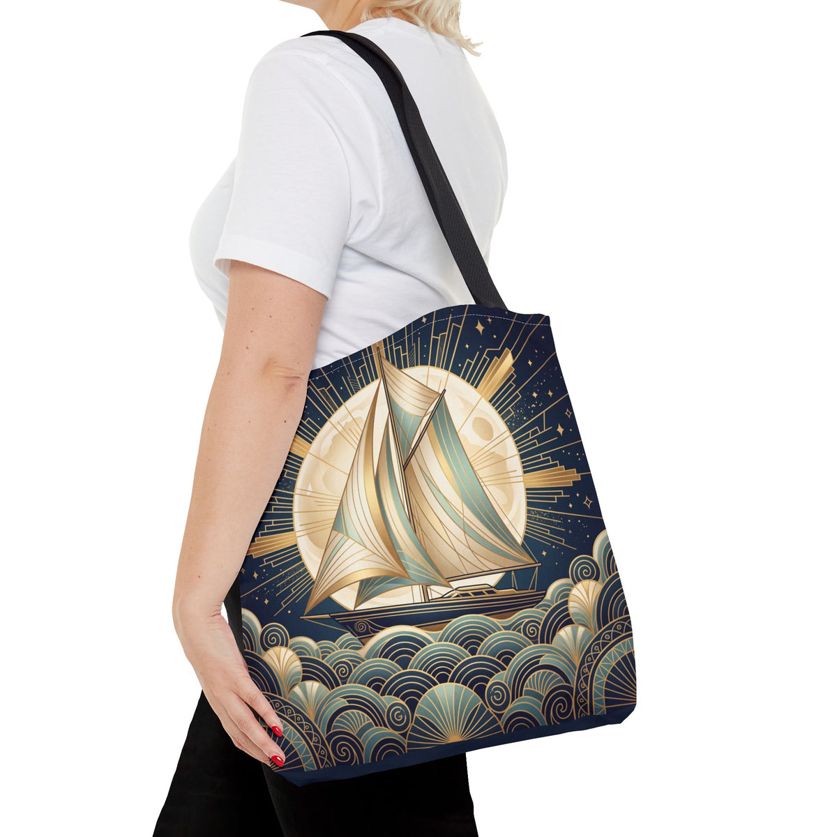 Art Deco Moonlit Sailboat Tote Bag – Starry Night Nautical Beach Bag