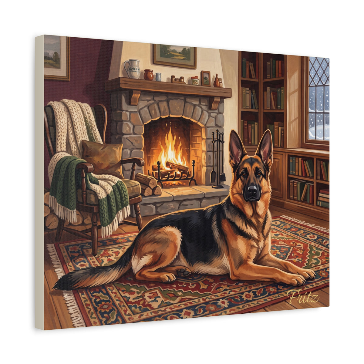 German Shepherd Personalized Canvas | Cozy Fireside Cabin Wall Art
