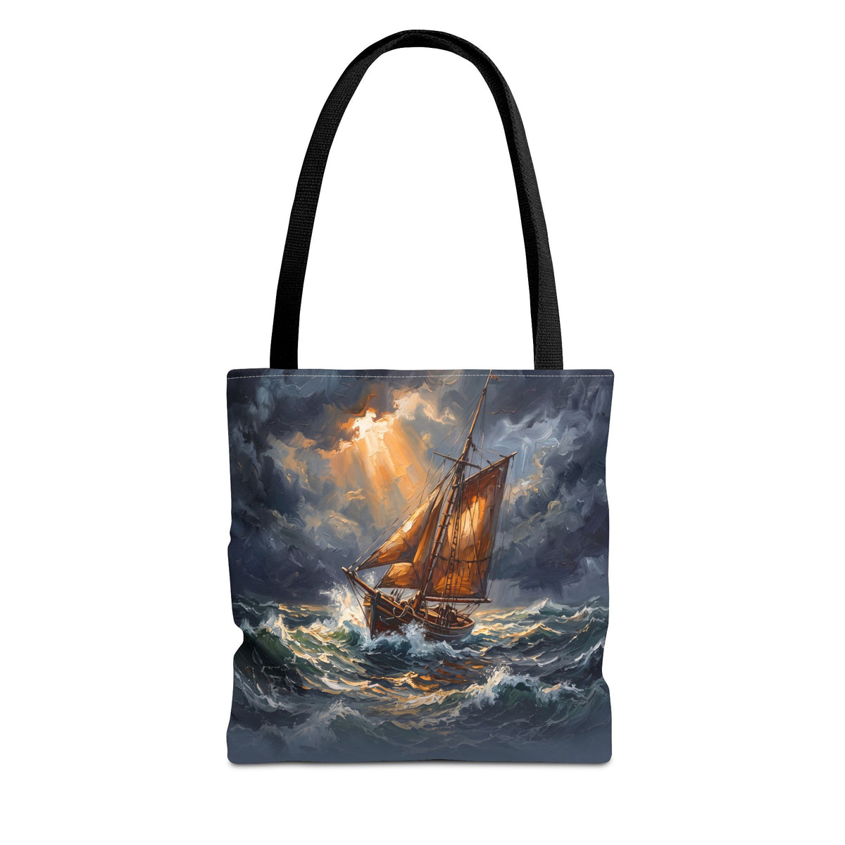 Stormy Sea Sailing Ship Tote Bag – Dramatic Ocean Oil Painting Style Beach Bag