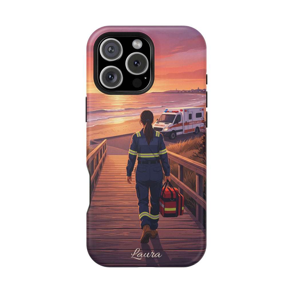 Sunset Boardwalk Personalized Paramedic Phone Case — Wireless Charging Cover