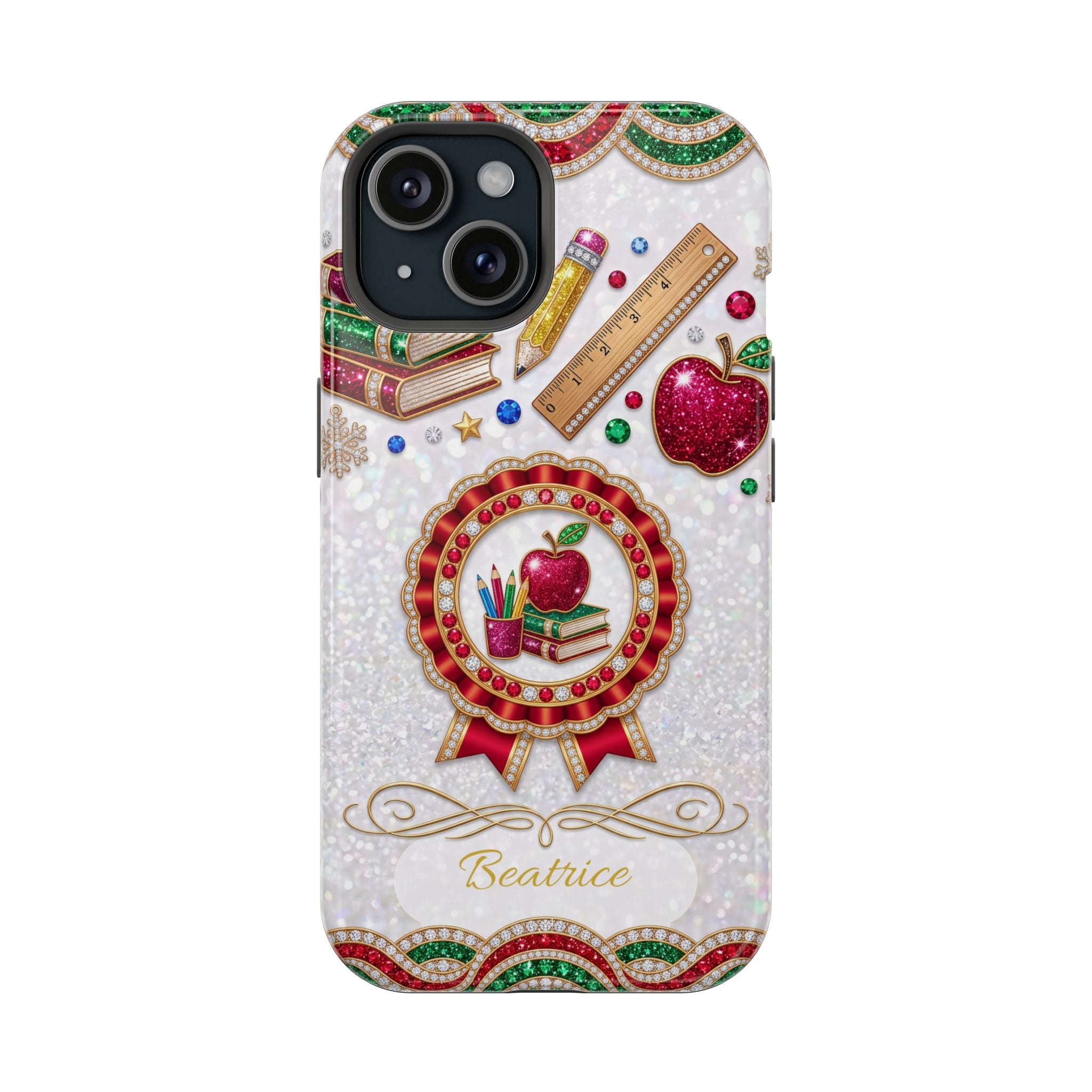 Jeweled Apple Medallion Personalized Teacher Phone Case — Wireless Charging Cover