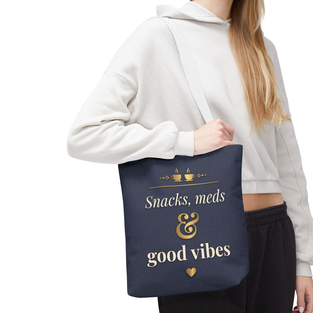 Snacks Meds & Good Vibes Tote | Funny Nurse Gift Tote Bag | Healthcare Worker Humour Gift | Premium Polyester Carry-All