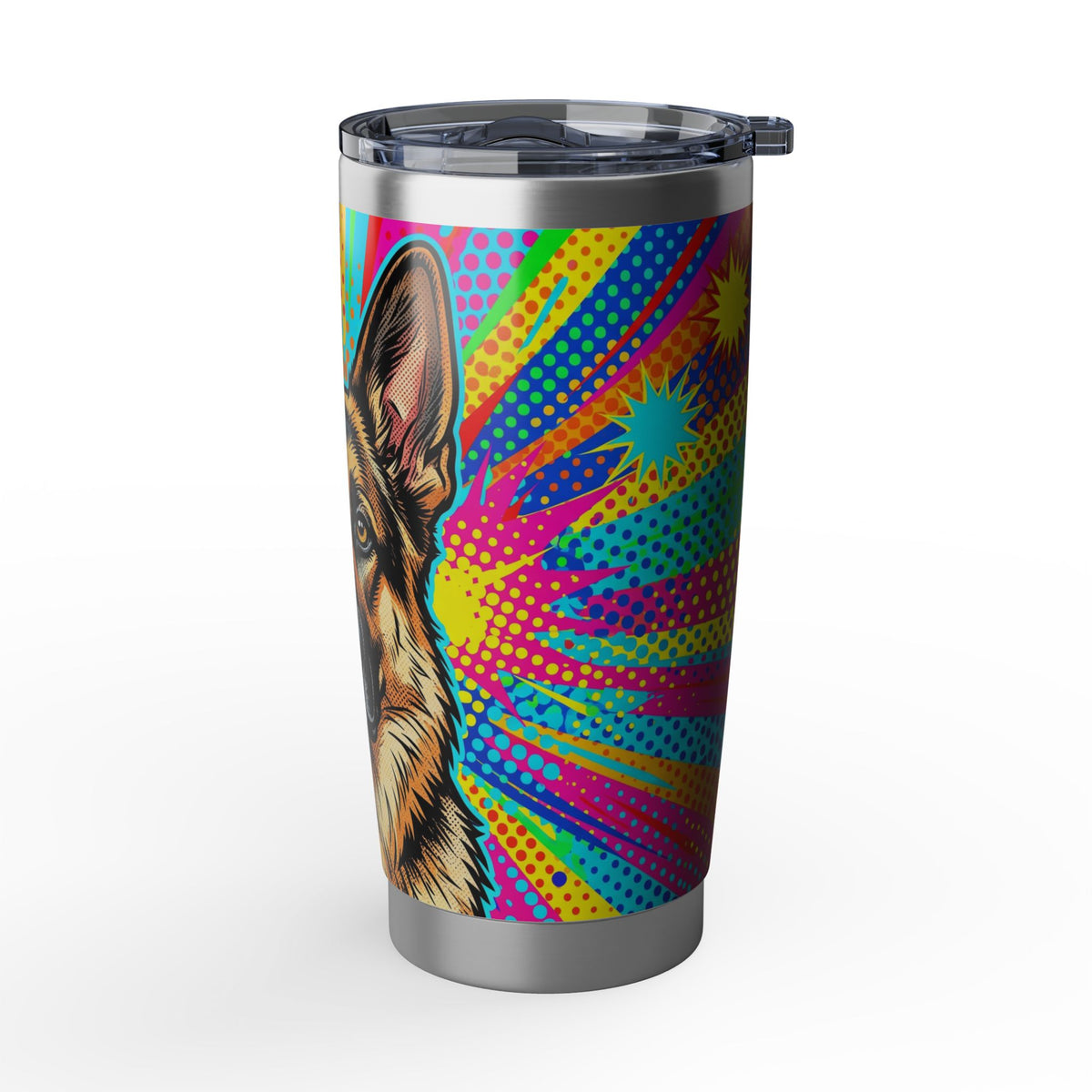 German Shepherd Tumbler | Pop Art Halftone Art — 20 oz Stainless Travel Mug