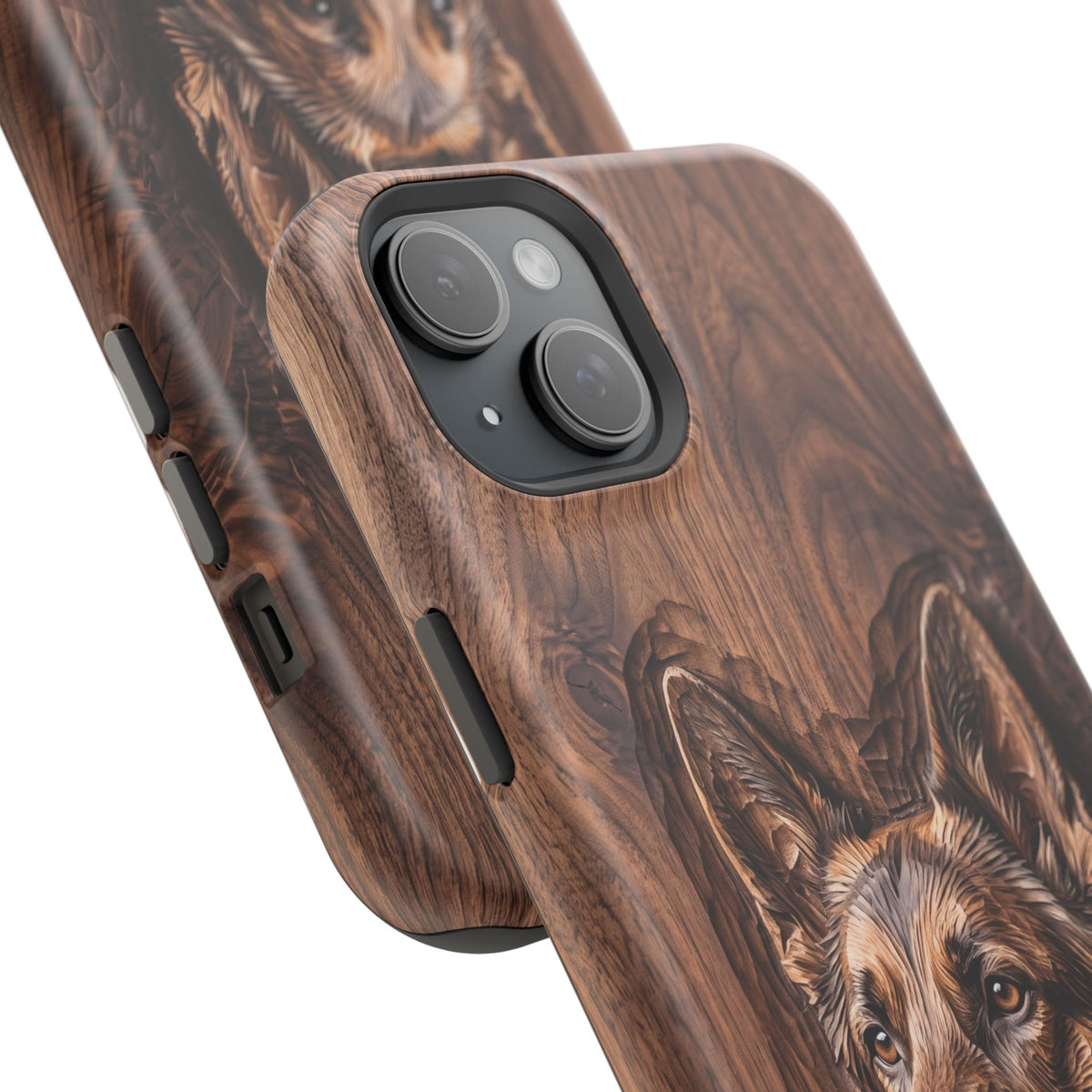 German Shepherd Phone Case | Carved Walnut Art — Tough Magnetic Case with Wireless Charging
