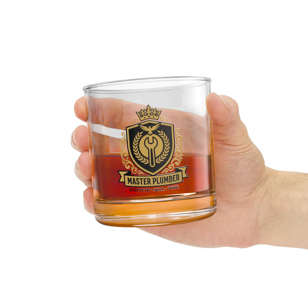 Master Plumber Crest Rocks Glass 10oz — Gold & Black Whiskey Glass
