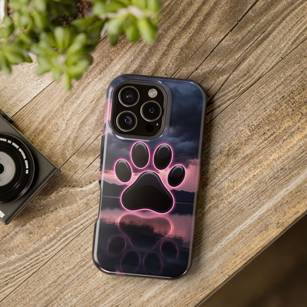 Neon Paw Print Phone Case — Impact-Resistant Wireless Charging Cover