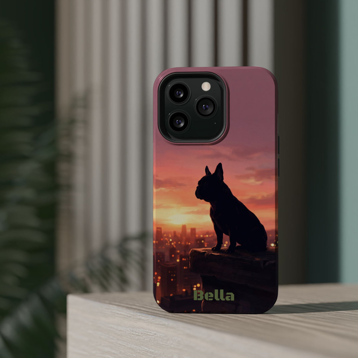 Personalized French Bulldog City Skyline Sunset Phone Case — Wireless Charging Cover