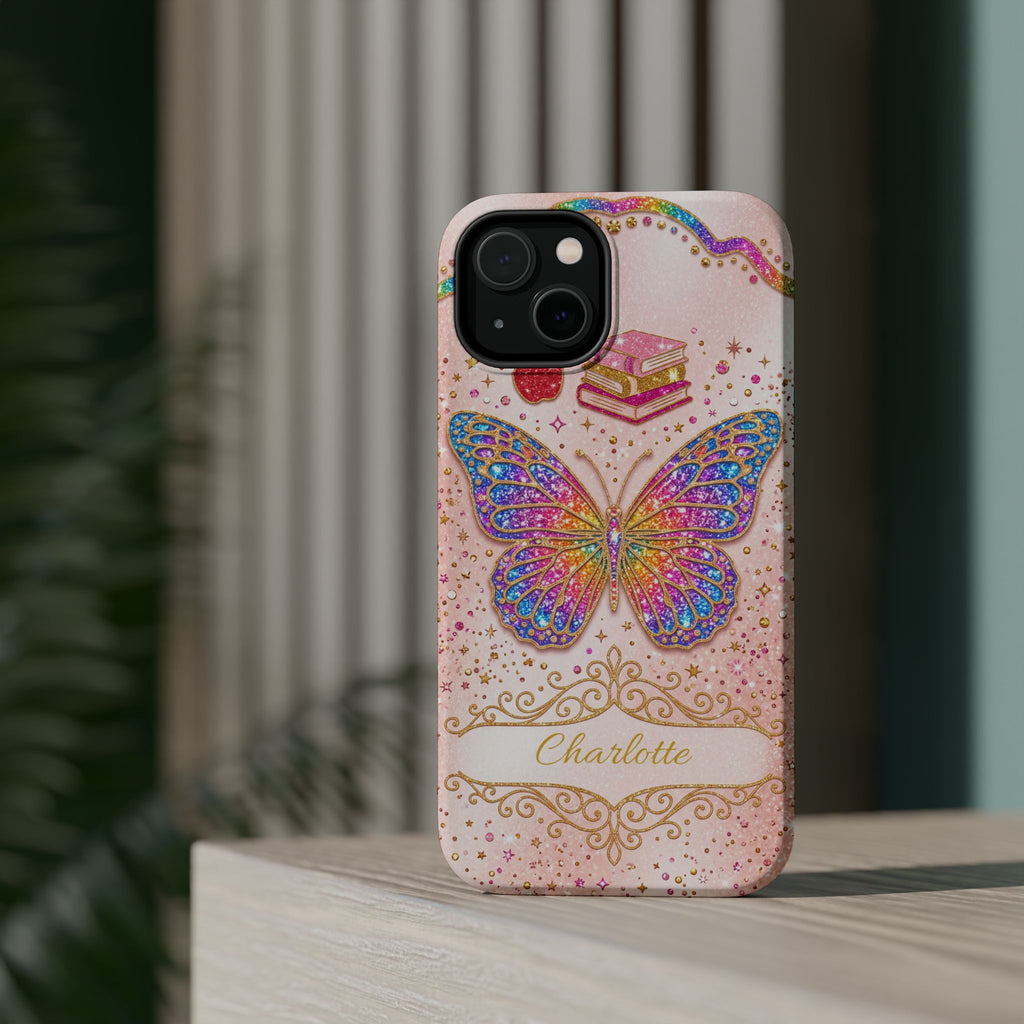Blush Glitter Butterfly Personalized Teacher Phone Case — Wireless Charging Cover