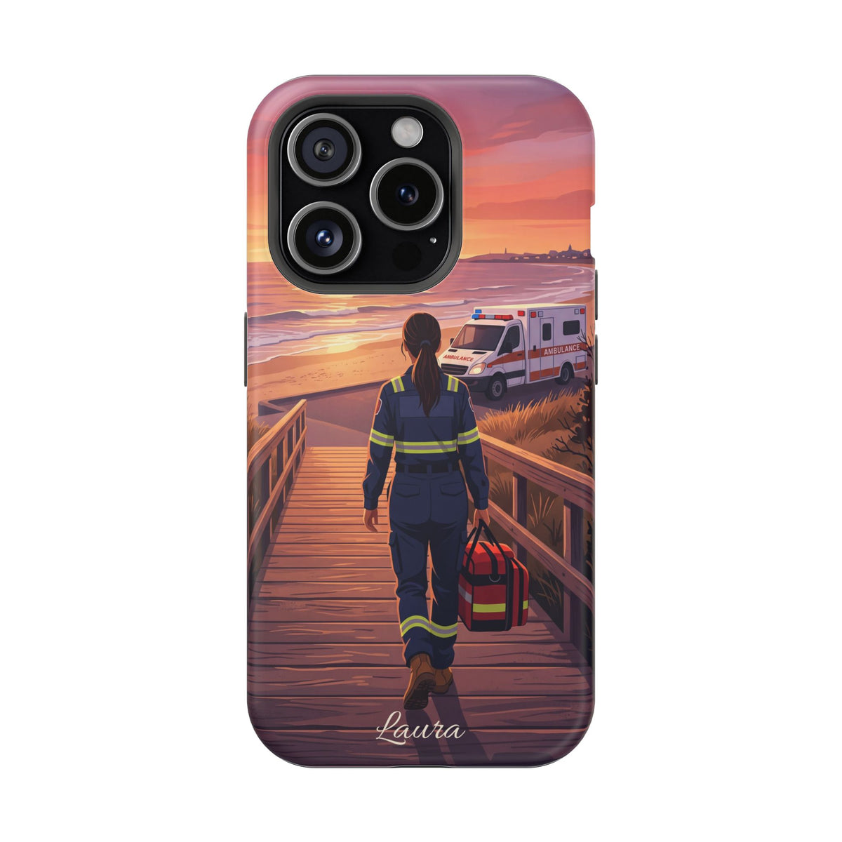 Sunset Boardwalk Personalized Paramedic Phone Case — Wireless Charging Cover