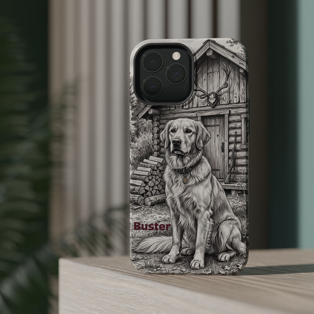 Personalized Golden Retriever Cabin Porch Phone Case — Wireless Charging Cover